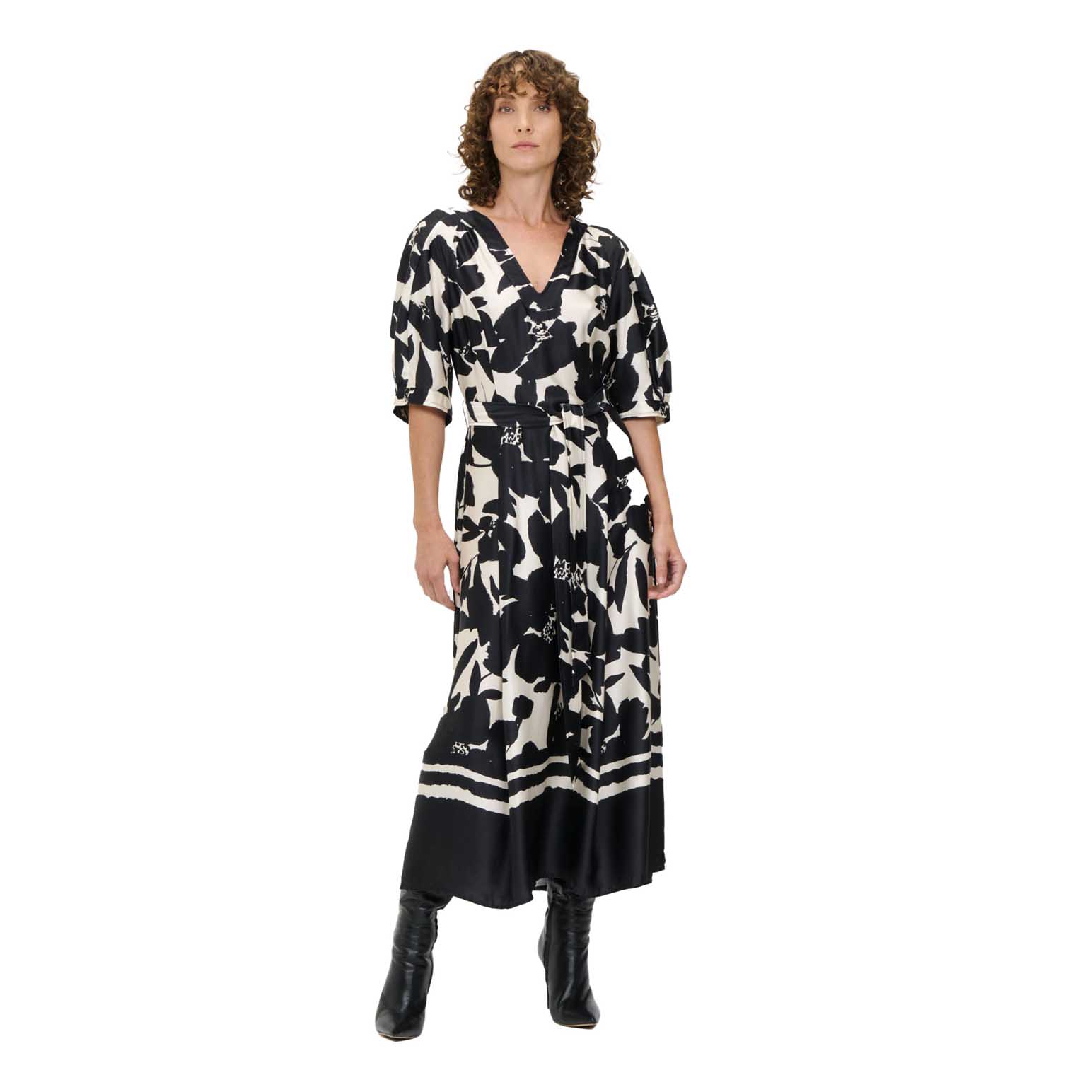 Veronika Maine Noir Gardenia V-Neck Midi Dress